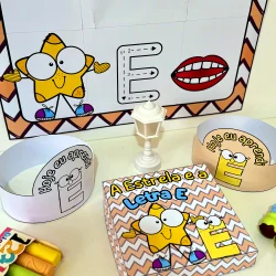 Material pedagógico com tema da letra E e estrela educativa para crianças.