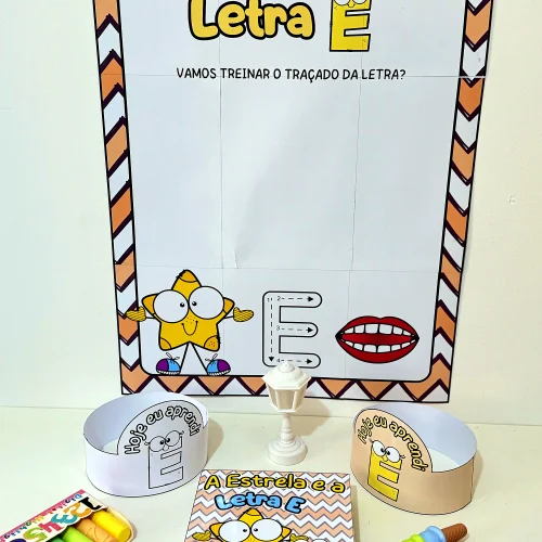 Atividade educativa para treinar a letra E com personagens e materiais didáticos.
