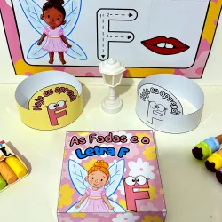 Kit educativo com fada, letra F e atividades de aprendizagem para crianças.