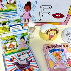 Material educativo com fada e letras para aprender a letra F em português.