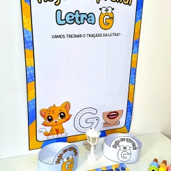 Atividades educativas com letra G para crianças, incluindo cartaz e acessórios coloridos.