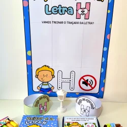 Atividade educativa para aprender a letra H com cartaz e materiais coloridos.