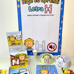 Atividade educativa com letra H para crianças, com cartaz e materiais de apoio.