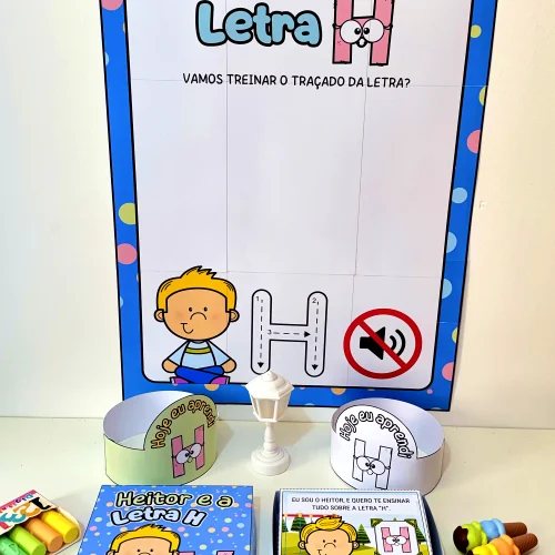 Atividade educativa com cartaz e figuras da letra H para crianças.