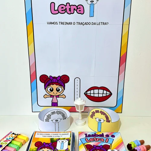 Atividade educativa com personagem infantil e quadro para treinar a letra I.
