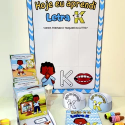 Material pedagógico para ensinar a letra K com personagens e atividades educativas.