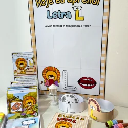Material pedagógico para aprender a letra L com tema de leão e boca.