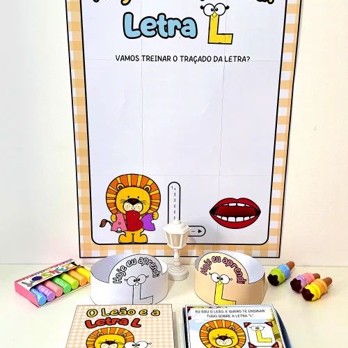 Atividade educativa com a letra L e figuras de animais e boca para treinar escrita.