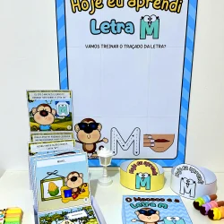 Atividade educativa com personagem e letra M para crianças aprenderem a traçar.
