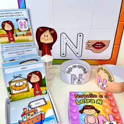 Material pedagógico com letra N, incluindo cartaz, figuras e atividades educativas.