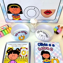 Material educativo para ensinar a letra O com personagem Olivia e atividades interativas.