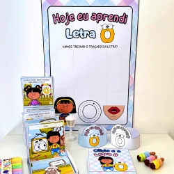 Material pedagógico para ensinar a letra O com personagens e atividades educativas.