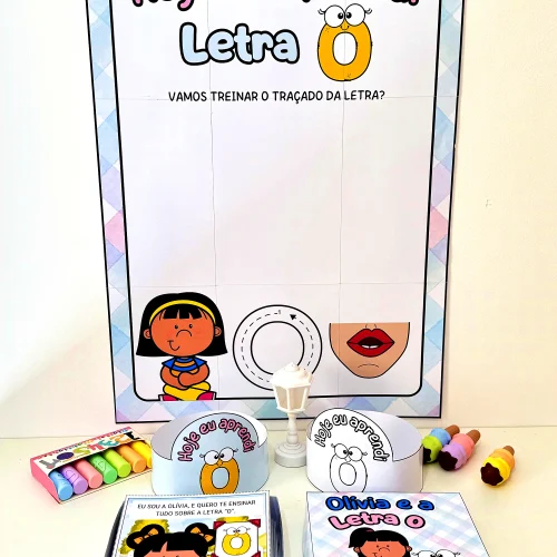 Atividade educativa com a letra O para crianças, incluindo desenhos e materiais de colorir.