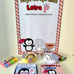 Quadro educativo para treinar a letra P com pinguim e atividades de escrita.