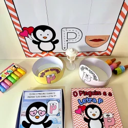 Material pedagógico com tema P para ensino infantil, incluindo cartaz, livro e atividades.