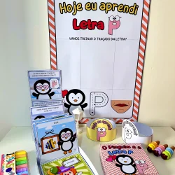 Material pedagógico para ensinar a letra P com personagens de pinguim e atividades educativas.