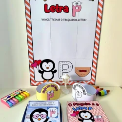 Atividade educativa com o alfabeto e personagem pinguim para crianças.