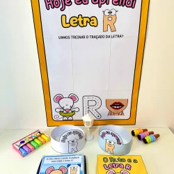 Material educativo para ensinar a letra R a crianças, com ratinho e cartaz colorido.
