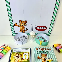 Material pedagógico para ensinar a letra T com tema de tigre e história.