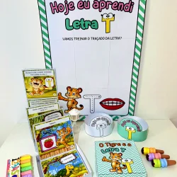 Material pedagógico para treinar a letra T com tema de tigre e elementos coloridos.