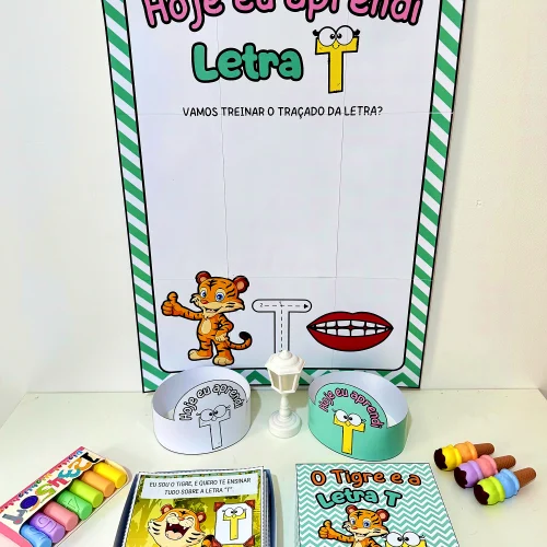 Material pedagógico com tema de letras e tigre para crianças.