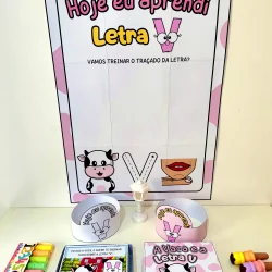 Atividades de alfabetização com letras e figuras para crianças.