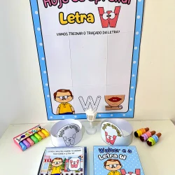 Atividade educativa com letra W para crianças, incluindo cartaz e materiais de colorir.