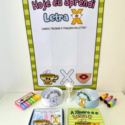 Material pedagógico para ensinar a letra X e o traçado da letra para crianças.