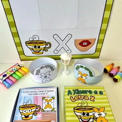 Material pedagógico com letras e desenhos para aprender a letra X.