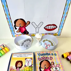 Atividades educativas com personagem Yasmin e letras do alfabeto.