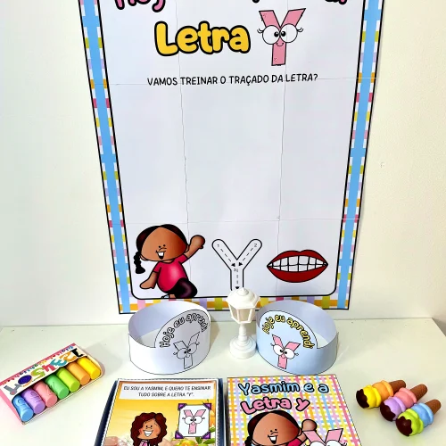 Atividade educativa com letras e desenhos para crianças na pedagogia de ideias.