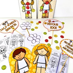 Atividades de recorte e colagem com personagens de papel coloridos.