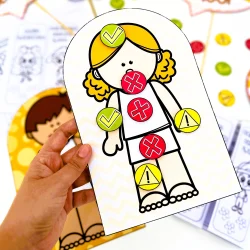 Atividade de colagem com personagem de corpo humano para crianças.