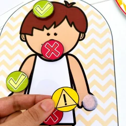 Atividade educativa com personagem de papel e símbolos de atenção e aprovação.