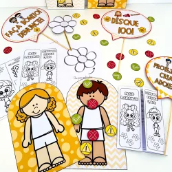Personagens de Pedagogia de Ideias em atividades educativas para crianças.