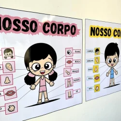 Cartazes educativos com ilustrações do corpo humano para crianças.