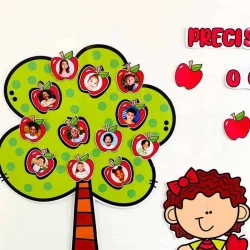 Árvore de fotos com crianças na escola e uma menina segurando uma maçã.
