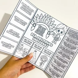 Atividade educativa sobre povos indígenas com lapbook e coroa.