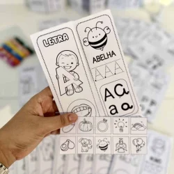 Cartaz com letras e imagens de abelha e criança para aprender o alfabeto.
