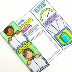 Lapbook educativo com desenhos de crianças e espaço para colar fotos e textos.
