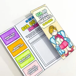 Marcador de página com personagem infantil e atividades educativas.