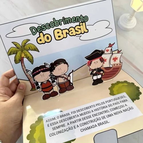 Livro infantil sobre o descobrimento do Brasil com personagens históricos.