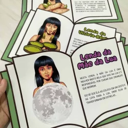 Ilustrações de lendas indígenas em livro infantil educativo.