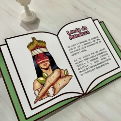 Livro infantil com ilustração de personagem indígena e história de lenda.