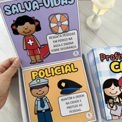 Ilustrações de profissões com dicas de segurança para crianças.
