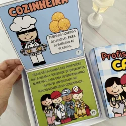 Livro infantil sobre profissão de cozinheira com ilustrações educativas.