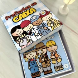 Livro infantil Profissões na Caixa com personagens de diferentes profissões.