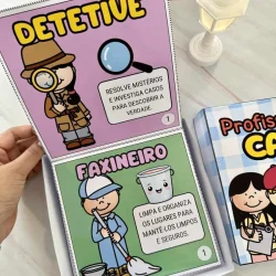 Livro infantil com profissões de detetive e faxineiro para crianças.