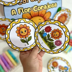 Luva com desenhos de flores coloridas e rosto sorridente para crianças.