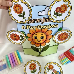Luva com ilustrações de flores laranjas e amarelas, tema de pedagogia de ideias.